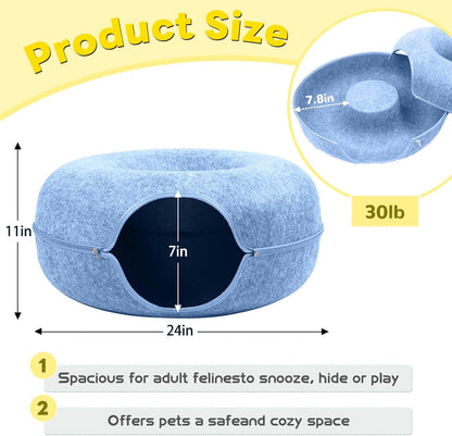 Large Peekaboo Cat Cave Donut Tunnel 24" for Indoor Cats, Blue