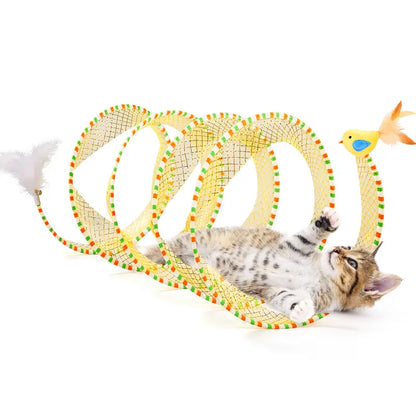Potaroma Collapsible Spiral Cat Tunnel Toy - 20-Inch Flexible Spring Structure with Feather and Bell, Ideal for Indoor Kittens and Bird Engagement, Promoting Mental Enrichment and Gentle Activity