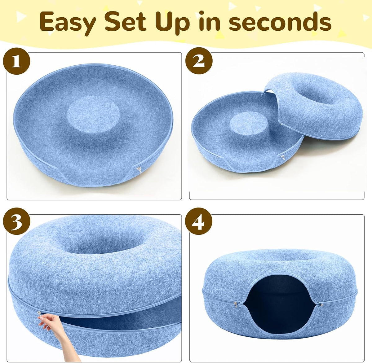Large Peekaboo Cat Cave Donut Tunnel 24" for Indoor Cats, Blue