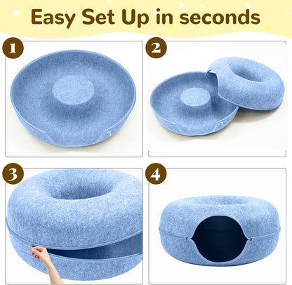 Large Peekaboo Cat Cave Donut Tunnel 24" for Indoor Cats, Blue