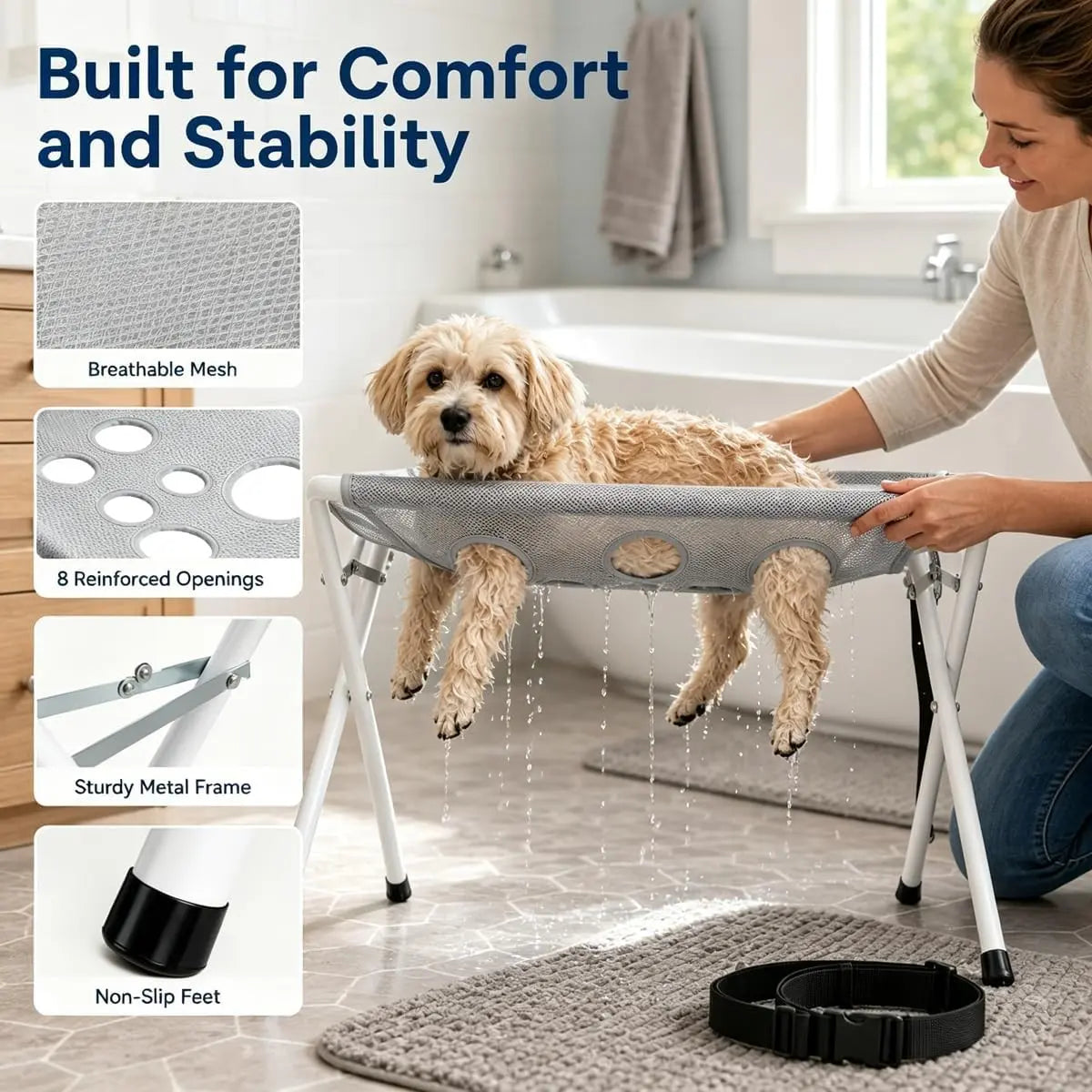 Breathable Mesh Dog Bath Hammock, Pet Grooming Stand with Safety Strap, Wash Support Rack for Cats and Dogs, Portable Bath Holder for Small and Medium Pets, Foldable Pet Supplies