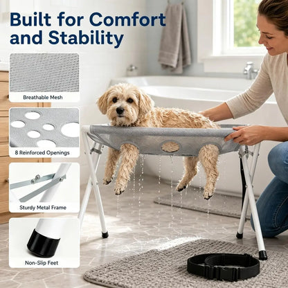 Breathable Mesh Dog Bath Hammock, Pet Grooming Stand with Safety Strap, Wash Support Rack for Cats and Dogs, Portable Bath Holder for Small and Medium Pets, Foldable Pet Supplies