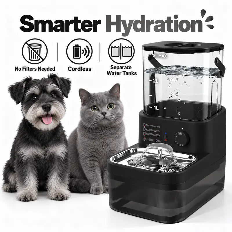 Wireless Automatic Pet Water Dispenser with Motion Sensor, Rechargeable 4000mAh Battery, 304 Stainless Steel Bowl, Gravity Refill, and Wastewater Separation Tanks