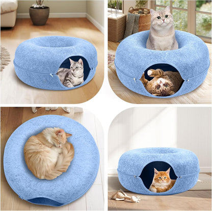 Large Peekaboo Cat Cave Donut Tunnel 24" for Indoor Cats, Blue