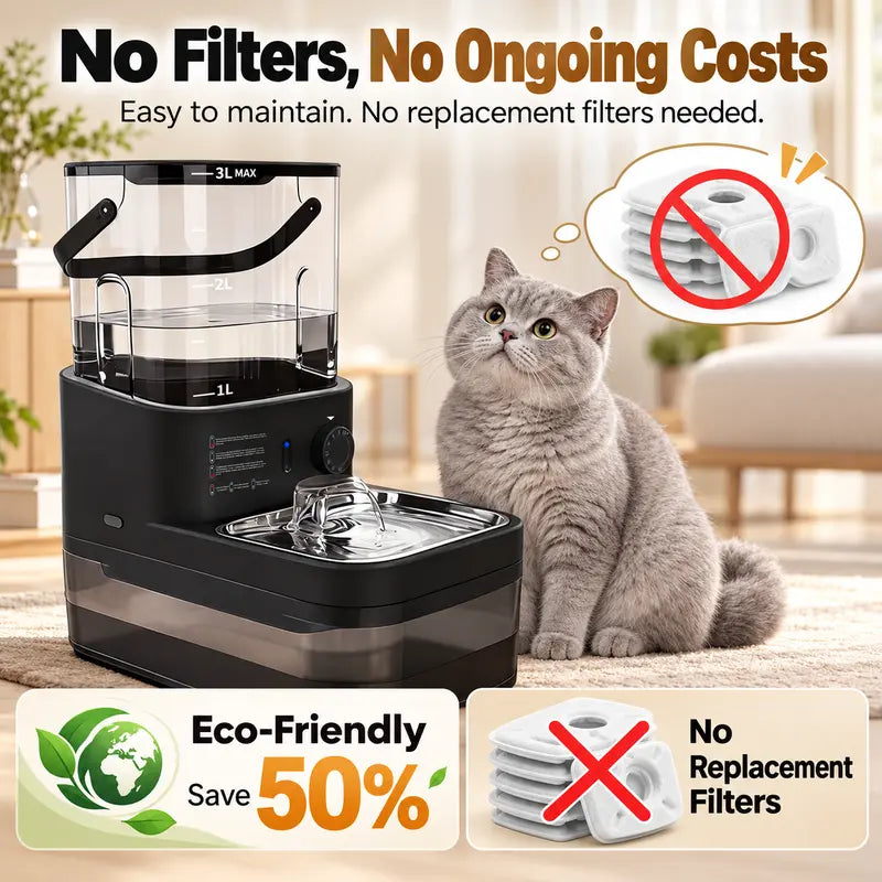 Wireless Automatic Pet Water Dispenser with Motion Sensor, Rechargeable 4000mAh Battery, 304 Stainless Steel Bowl, Gravity Refill, and Wastewater Separation Tanks