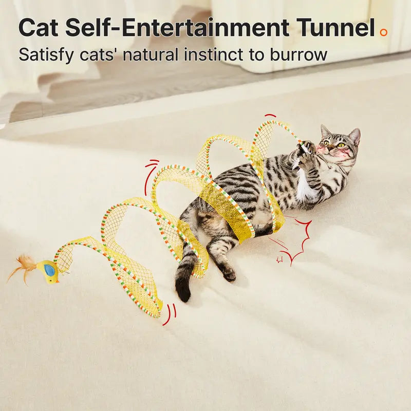 Potaroma Collapsible Spiral Cat Tunnel Toy - 20-Inch Flexible Spring Structure with Feather and Bell, Ideal for Indoor Kittens and Bird Engagement, Promoting Mental Enrichment and Gentle Activity