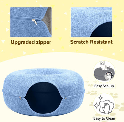 Large Peekaboo Cat Cave Donut Tunnel 24" for Indoor Cats, Blue