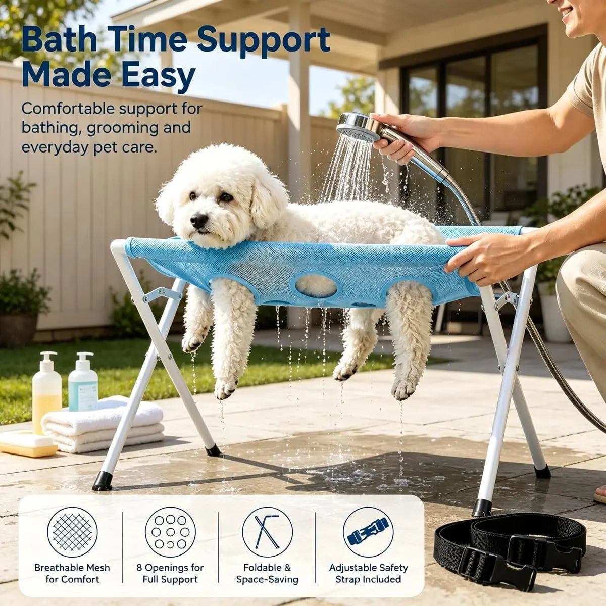 Breathable Mesh Dog Bath Hammock, Pet Grooming Stand with Safety Strap, Wash Support Rack for Cats and Dogs, Portable Bath Holder for Small and Medium Pets, Foldable Pet Supplies