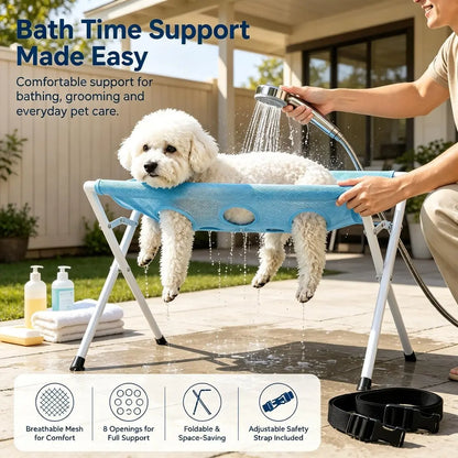 Breathable Mesh Dog Bath Hammock, Pet Grooming Stand with Safety Strap, Wash Support Rack for Cats and Dogs, Portable Bath Holder for Small and Medium Pets, Foldable Pet Supplies