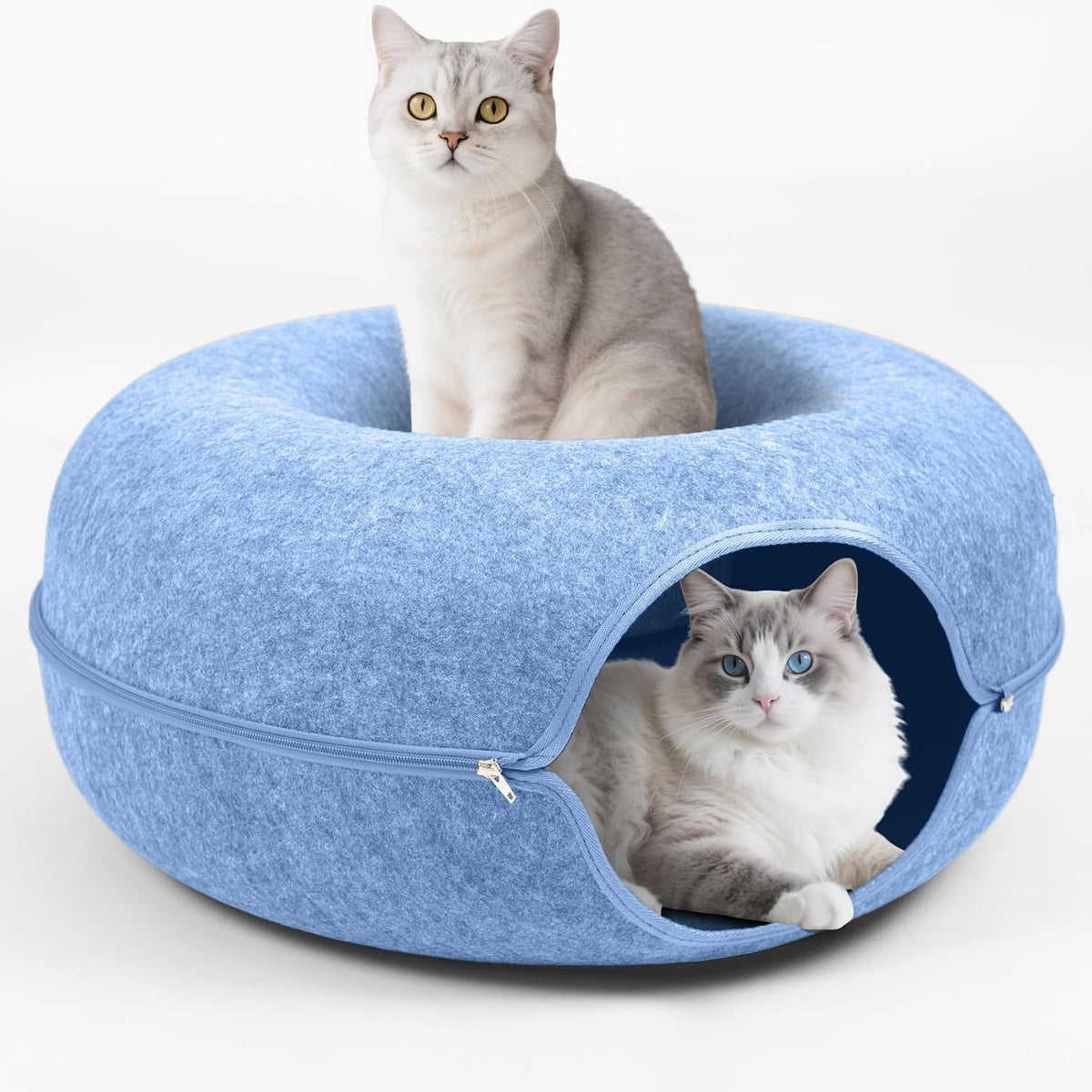 Large Peekaboo Cat Cave Donut Tunnel 24" for Indoor Cats, Blue