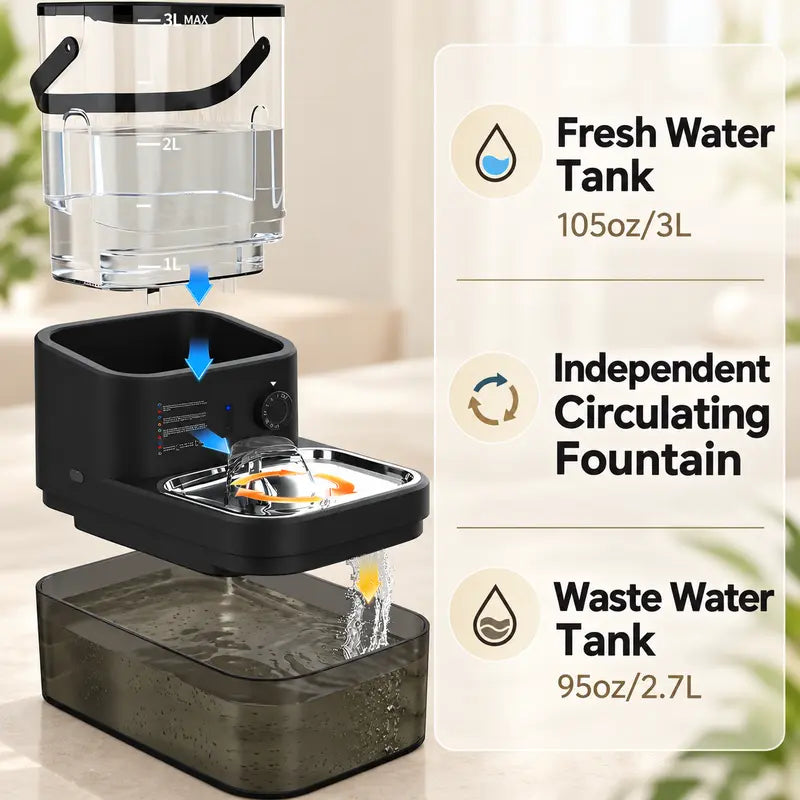 Wireless Automatic Pet Water Dispenser with Motion Sensor, Rechargeable 4000mAh Battery, 304 Stainless Steel Bowl, Gravity Refill, and Wastewater Separation Tanks