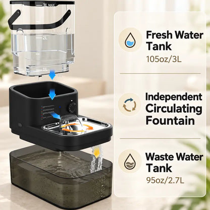 Wireless Automatic Pet Water Dispenser with Motion Sensor, Rechargeable 4000mAh Battery, 304 Stainless Steel Bowl, Gravity Refill, and Wastewater Separation Tanks