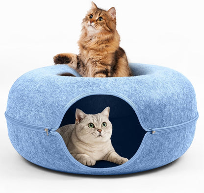 Large Peekaboo Cat Cave Donut Tunnel 24" for Indoor Cats, Blue