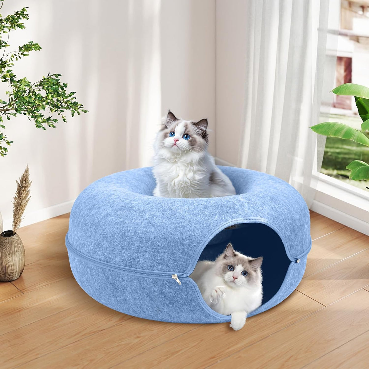 Large Peekaboo Cat Cave Donut Tunnel 24" for Indoor Cats, Blue