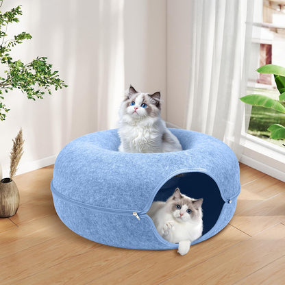 Large Peekaboo Cat Cave Donut Tunnel 24" for Indoor Cats, Blue